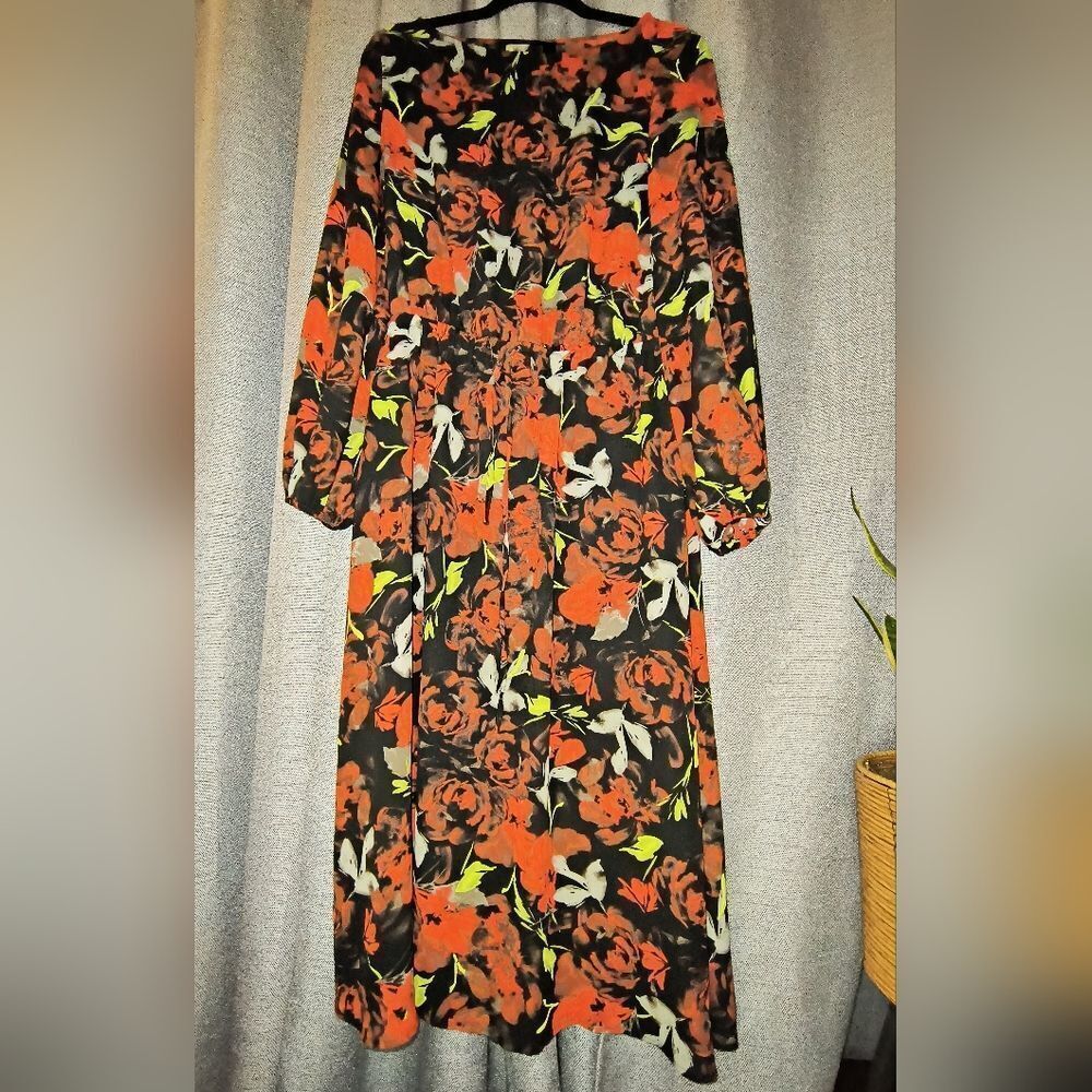 Chic Black Red Floral Tie Waist Long Sleeve Flowy Mossimo Dress Sm…
